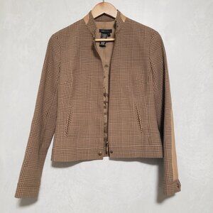 BCBGMAXAZRIA Tan Brown Plaid Zip Up Faux Leather Patch Jacket